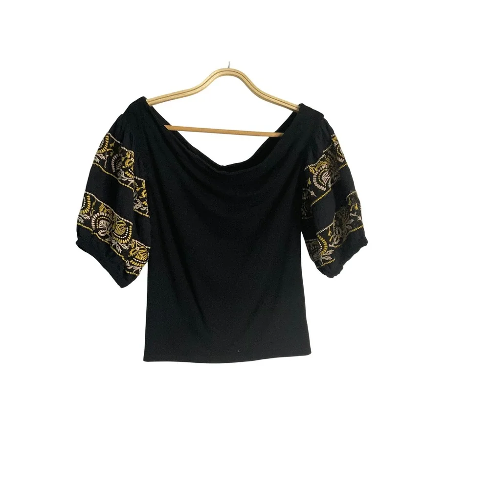 Free People Rock With It Off-The-Shoulder Embroidered Puff Sleeve Top Black S